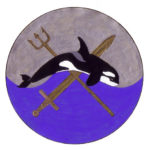 Badge: An orca jumps in front of a crossed sword and trident. Background is wavy blue on the bottom representing water and gray on the top.