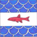 Badge: A background of blue scales with a white bar in the middle. Inside the white bar, a red minnow.