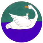 Badge: A white swan swims with her baby on her back. Background is blue on the bottom and green at the top.