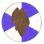 Badge: A golden welk shell on a background of alternating blue and white in a pinwheel pattern.