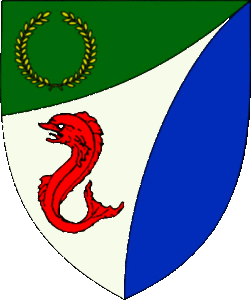 Coat of arms: A background divided into thirds from top to bottom green, white, blue. In the top left a golden laurel crown. Beneath that a red heraldic dolphin.