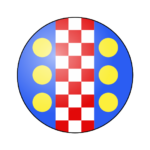 Badge: A blue backgorund, red and white check vertical stripe going through the middle, 3 yellow dots on either side of the stripe.