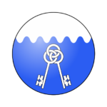 Badge: A blue background wavy at the top with white above. In the blue, two interlocked white keys.