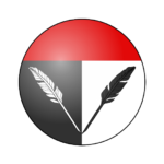 Badge: Top third of background is red with bottom being divided black on the left, white on the right. On the left is a white quill, on the right a black quill.