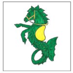 Badge: A green seahorse with a golden saddle and bridle on a white background.